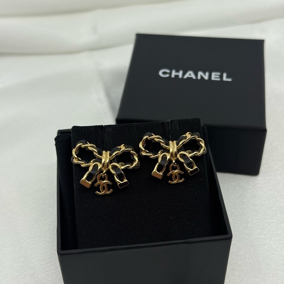 Chanel Gold Leather Woven CC Bow Dangle Earrings